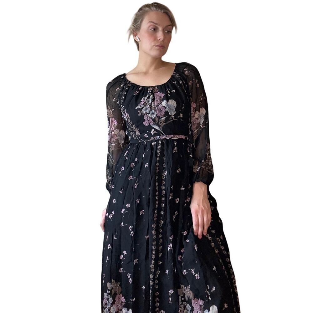 70s Vintage Black Floral Maxi Dress XL Woodstock Sheer Whimsygoth Stevie Prairie